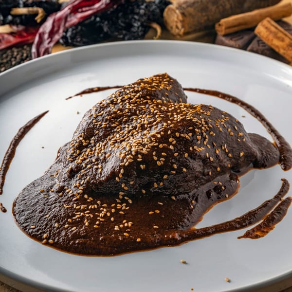 Two pieces of chicken covered in dark mole sauce and sesame seeds on a white plate.