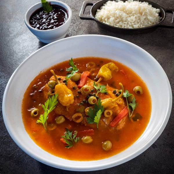 Chicken in red sauce with peppers, olives, and parsley, served with rice and black beans.
