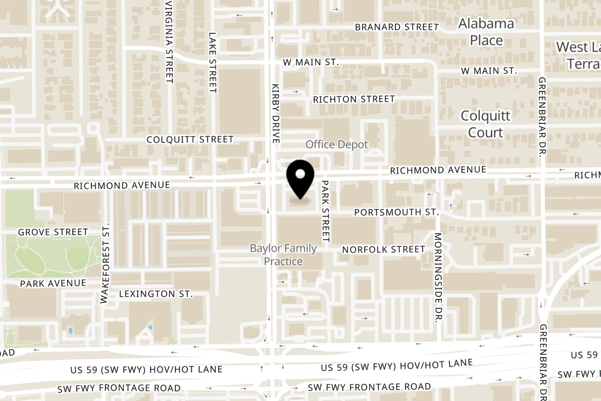 Map showing the location of Picos Restaurant on 3601 Kirby Dr in Houston